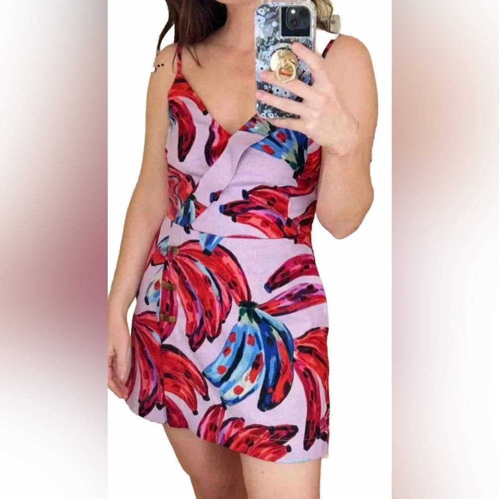 House of Harlow 1960 Women's Linen Blend Banana Print Shorts Jumpsuit